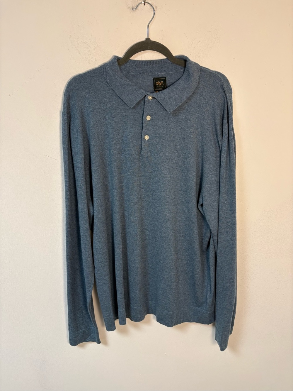 Soft Cloth Mens Long Sleeve Polo Cotton Silk Jersey Sweater Blue XL NWT